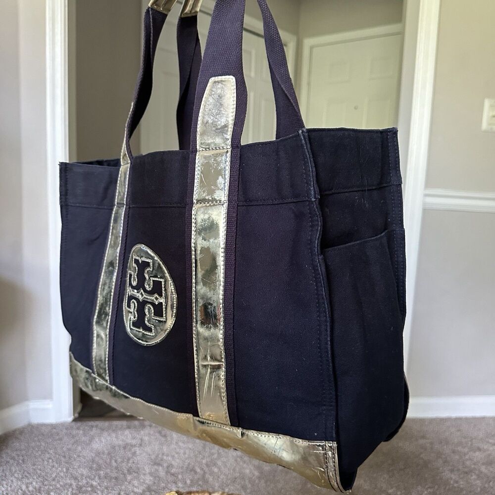 TORY BURCH Large Canvas Tote Navy Blue Shopper Bag Metallic Top Handle - Picture 9 of 16